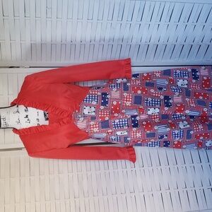 Handmade Vintage 70' high waist long sleeve red and blue print midi dress